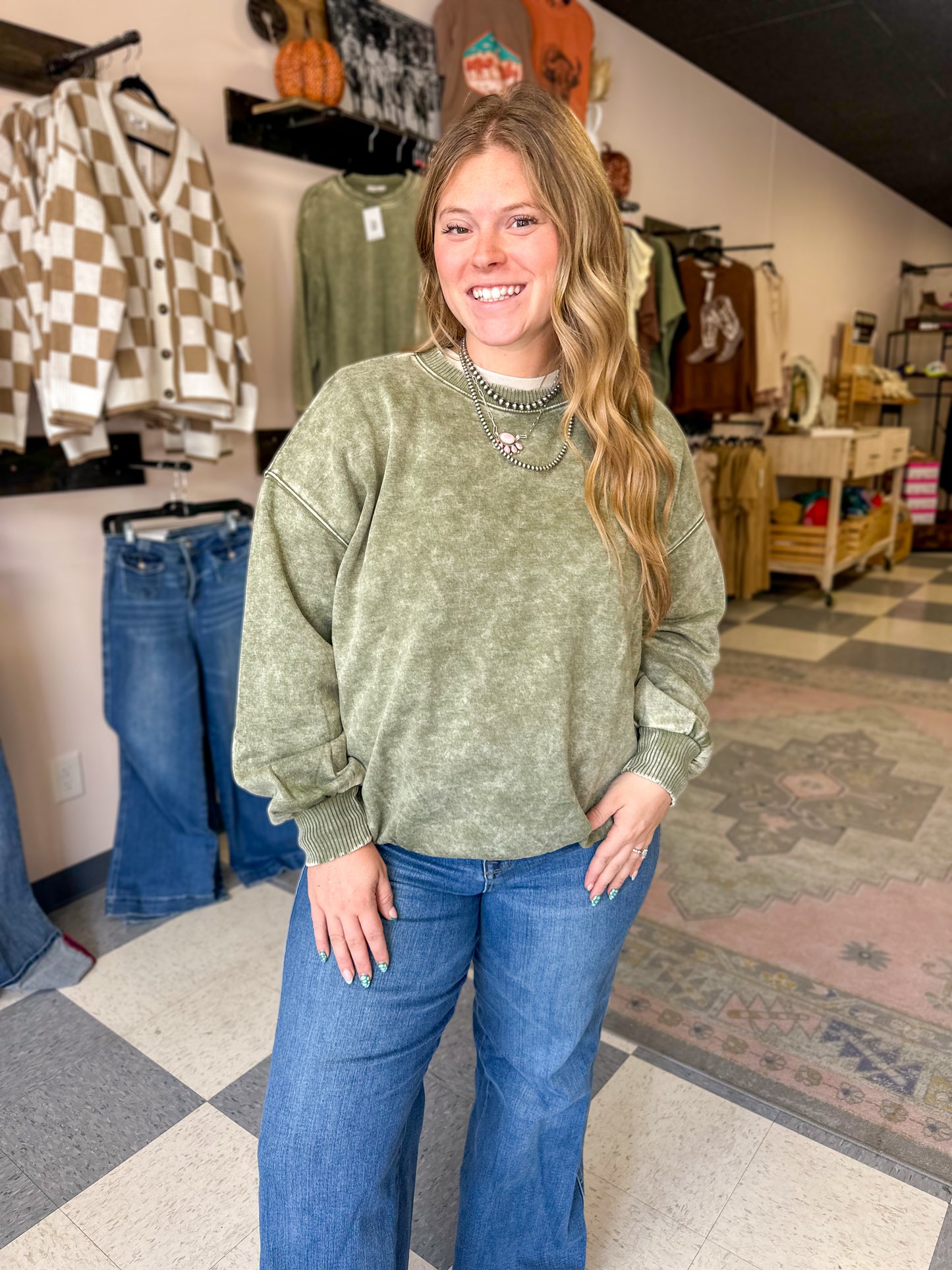Light Olive Washed Oversize Fleece Pullover