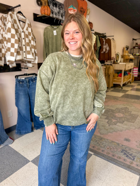 Light Olive Washed Oversize Fleece Pullover