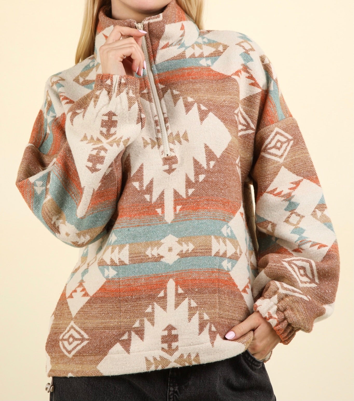 CURVY Aztec Printed Henley Woven Pullover Top