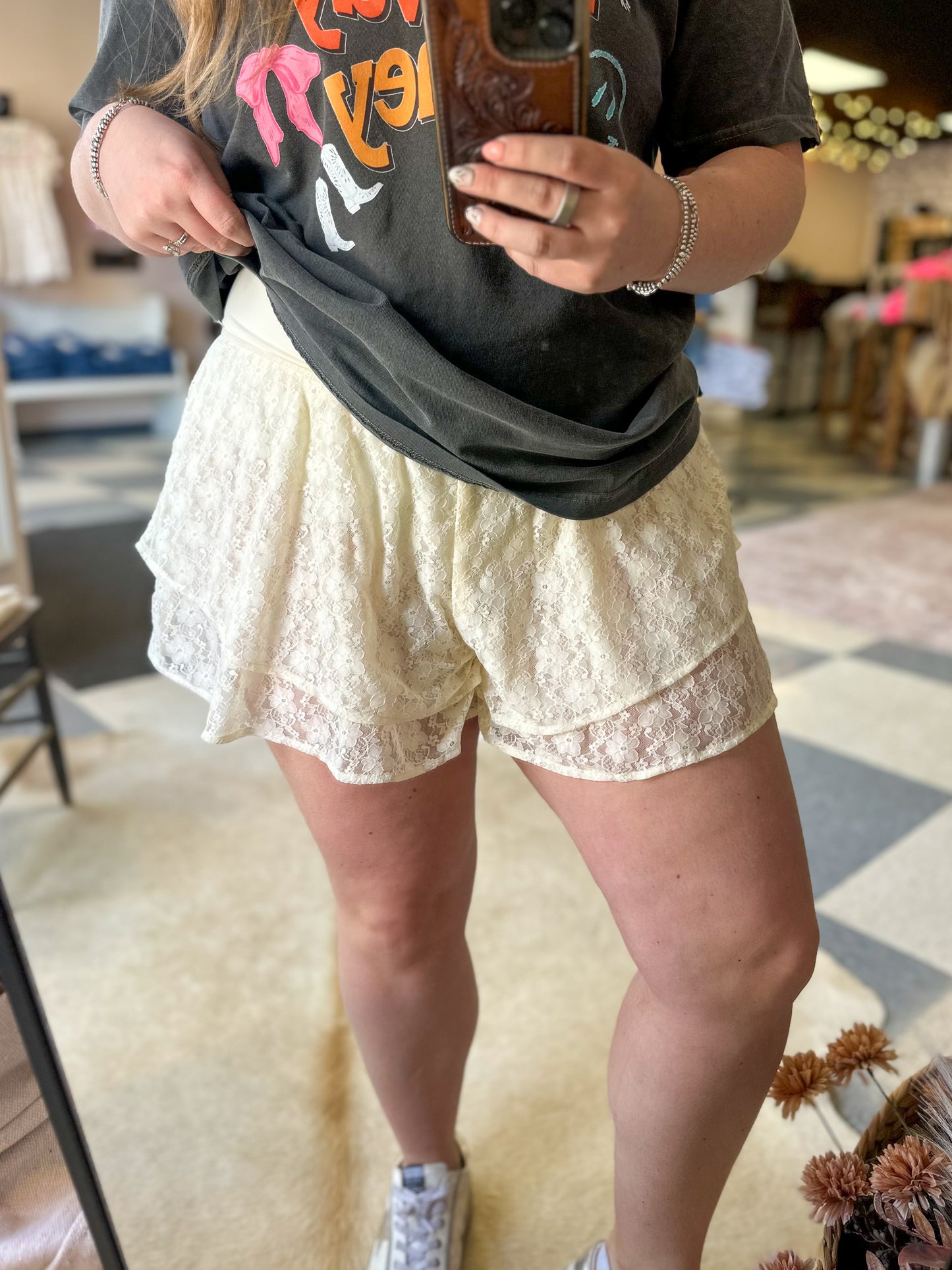 Layered Ruffle Lace Shorts in Cream