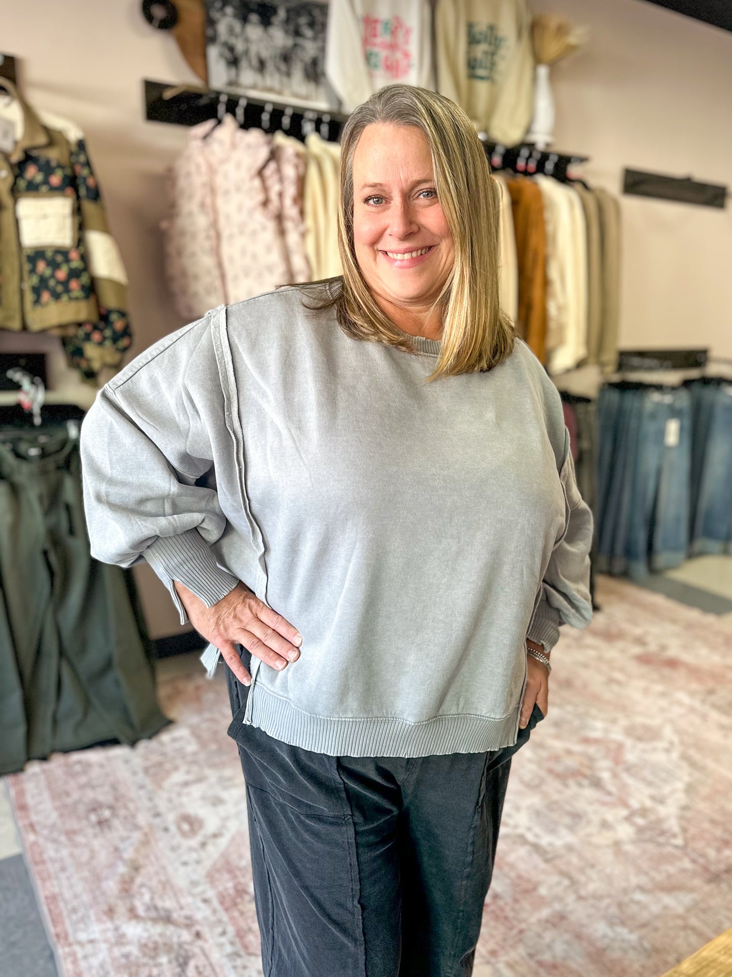 Sleet Grey Acid Wash Hi-Low Pullover