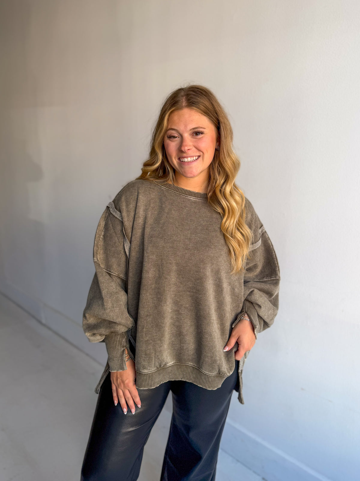 Dark Olive Acid Wash Hi-Low Pullover