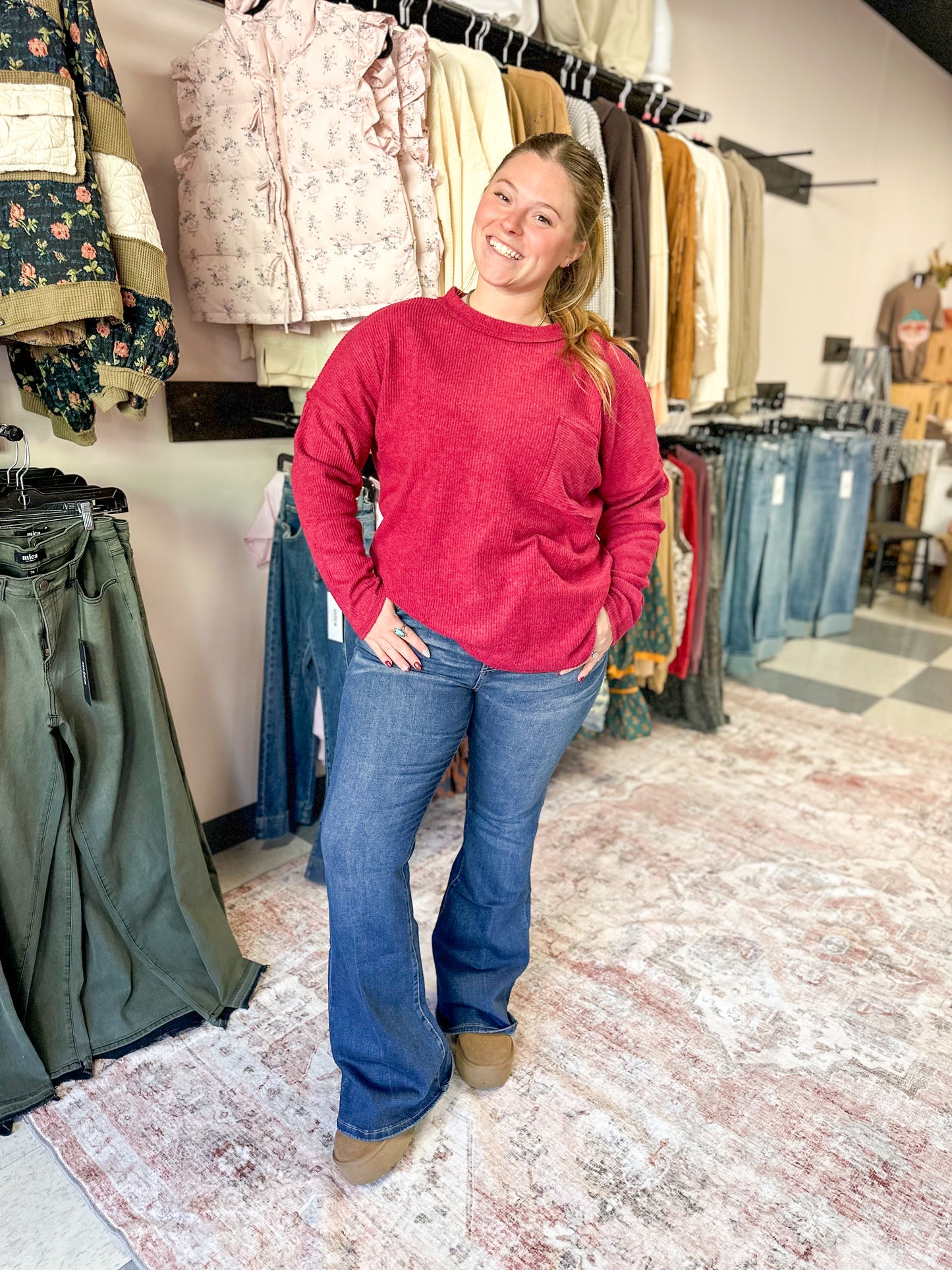 Cabernet Ribbed Melange Front Pocket Top