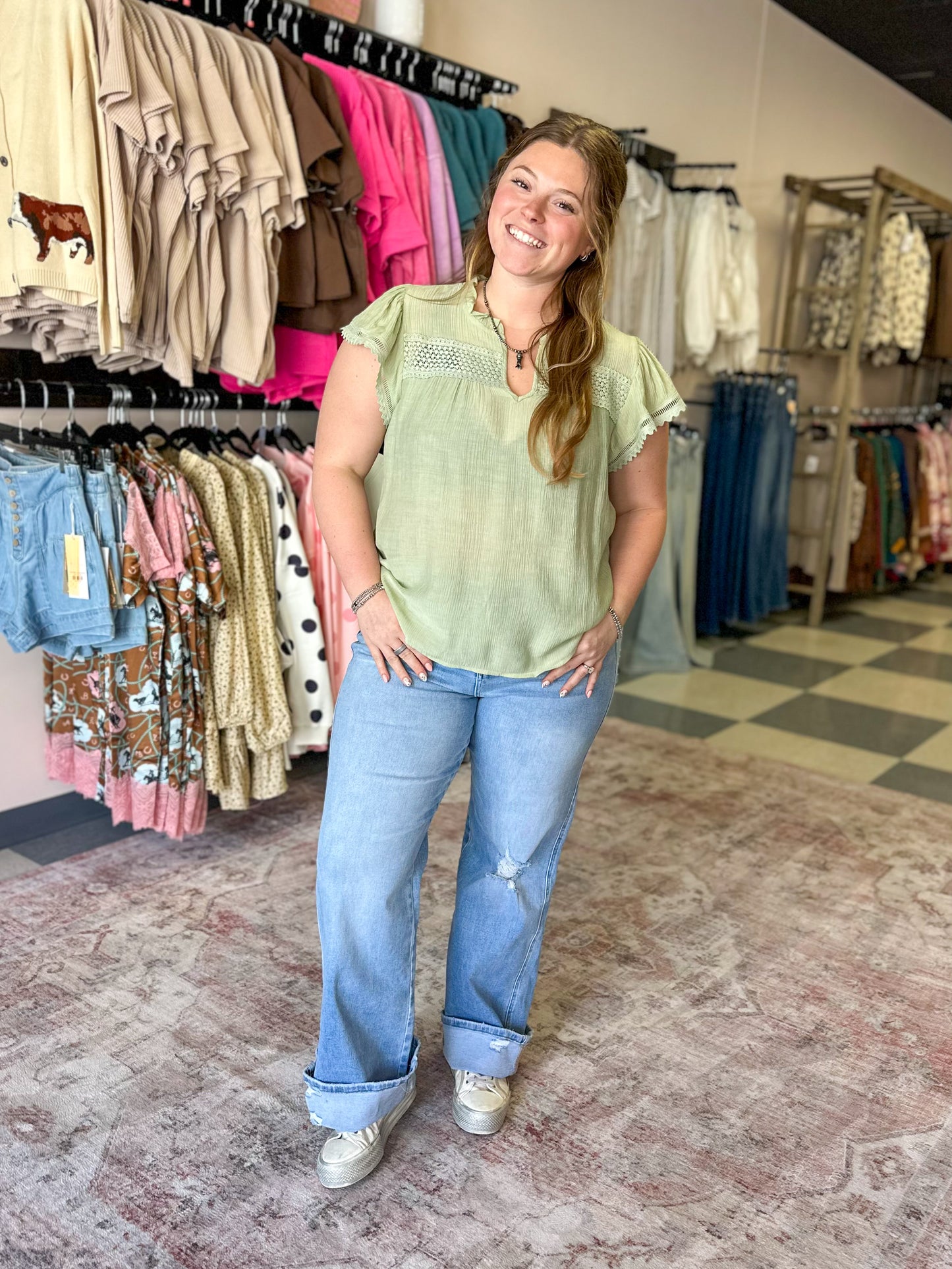 Ruffle Trim Sage Blouse