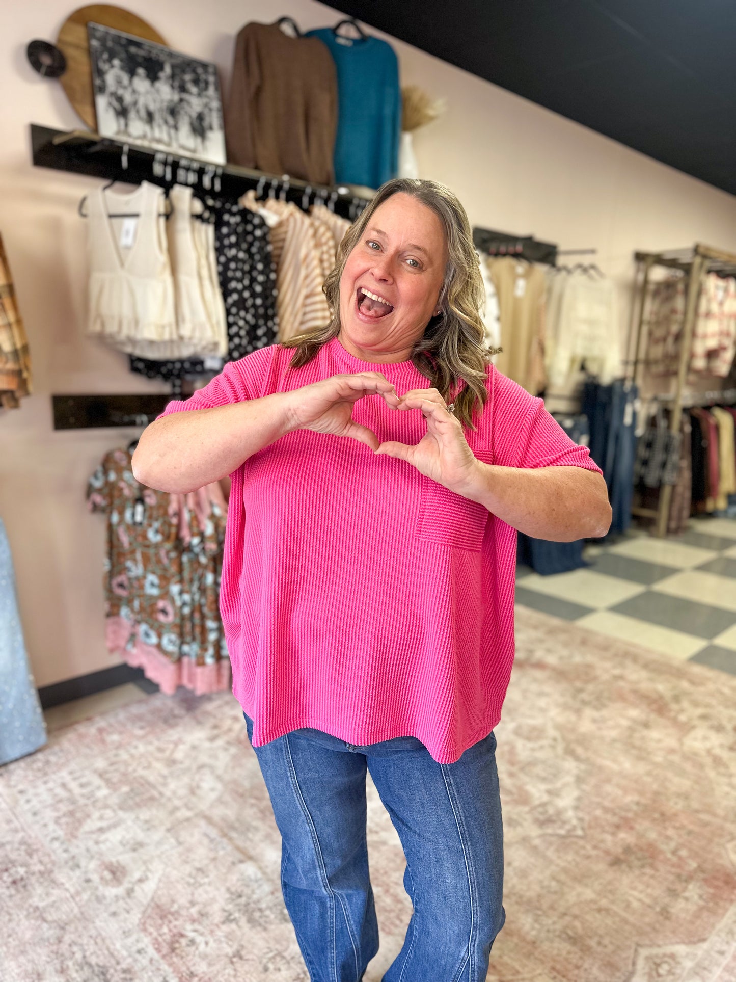 Hot Pink Ribbed Pocket Tee