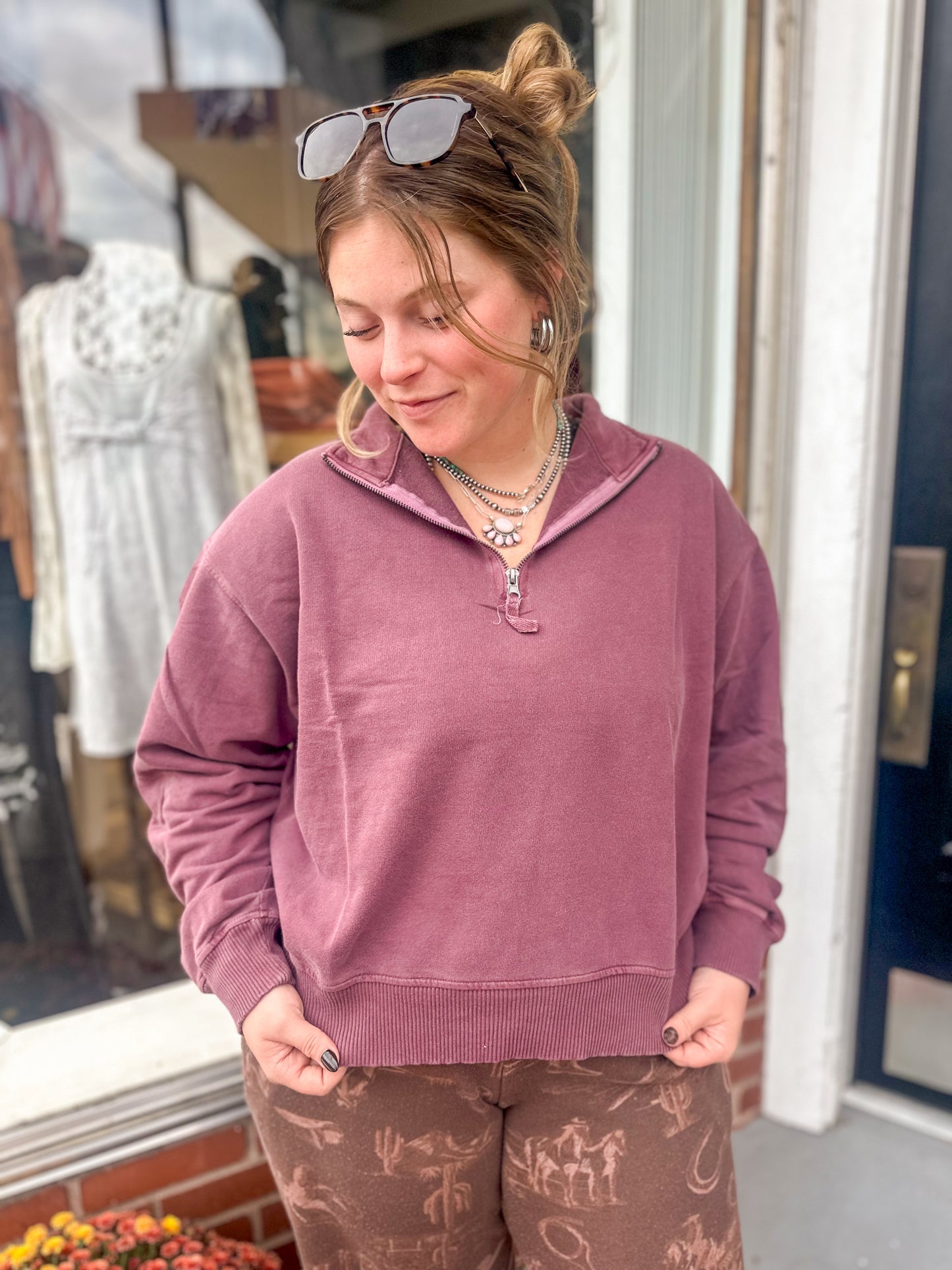 Eggplant French Terry Washed Quarter Zip