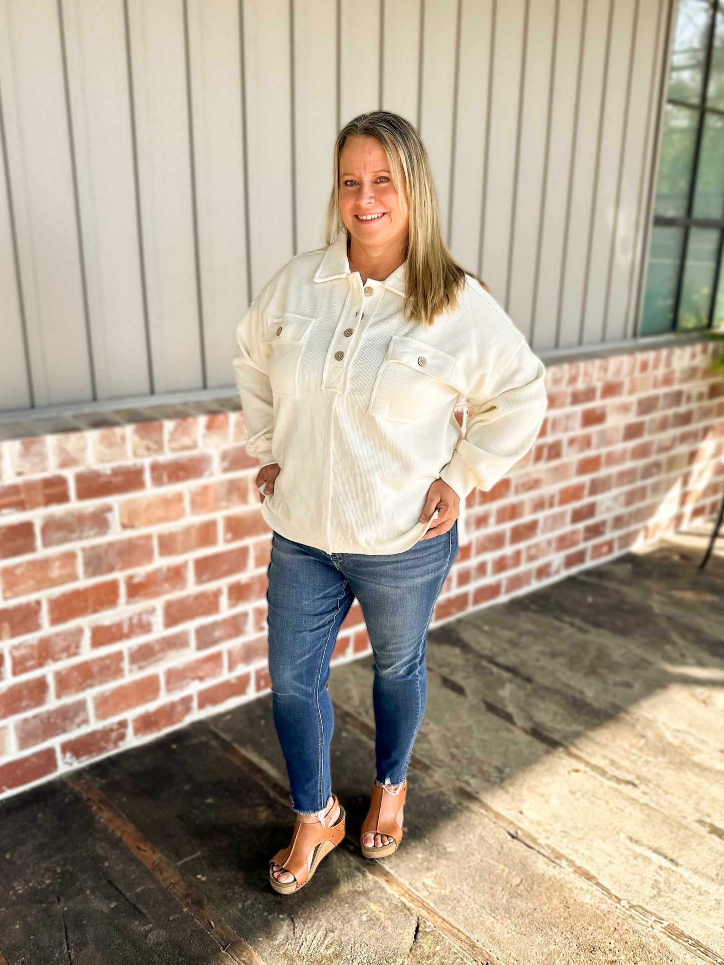 Henley Collared Button Down Knit Top in Cream