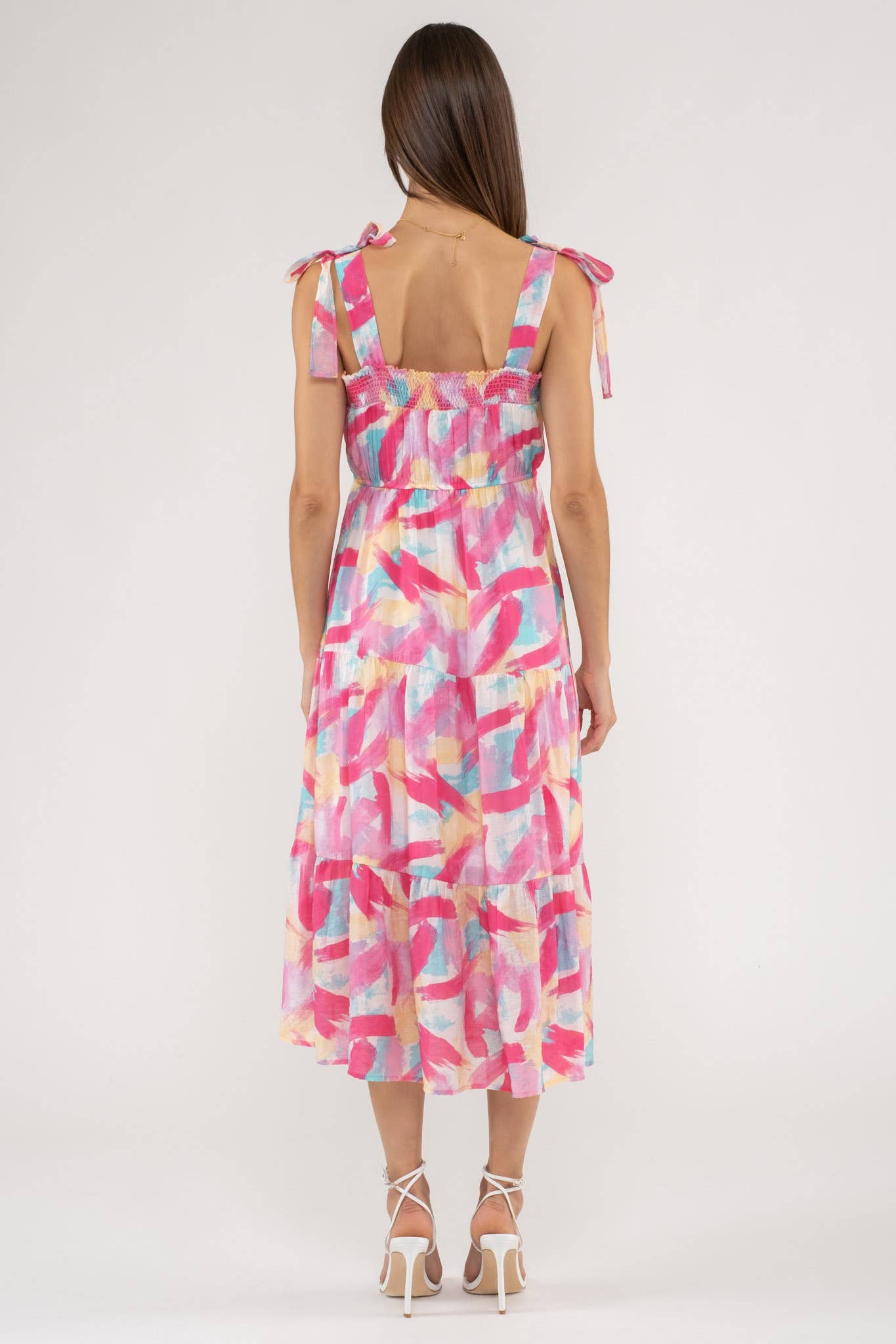 Pink Brush Stroke Print Tiered Midi Dress