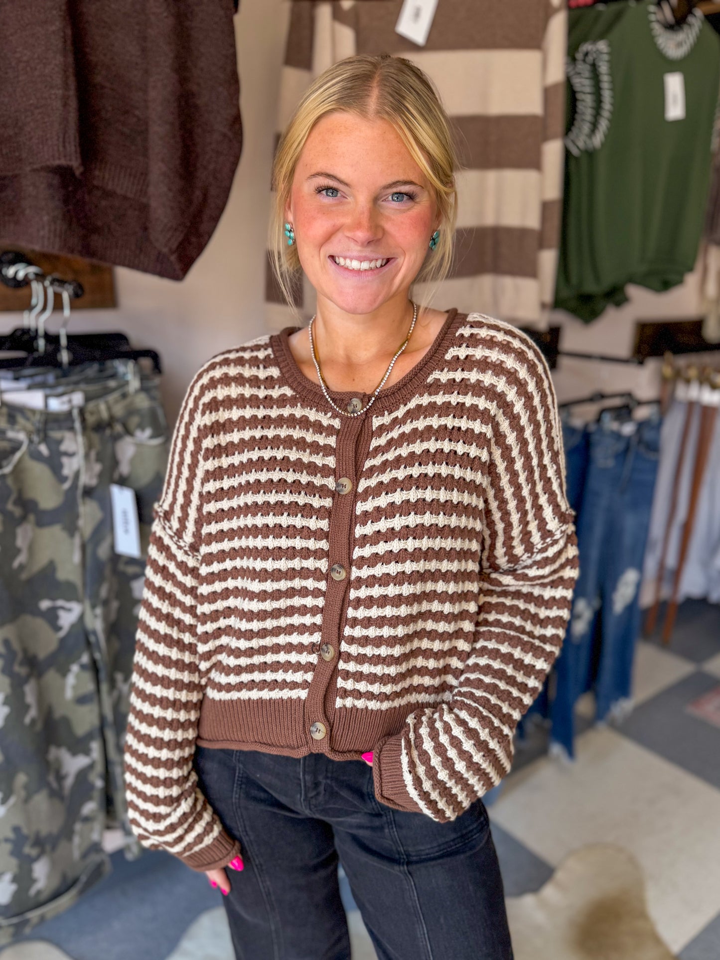 Brown Crochet Knitted Button Cardigan
