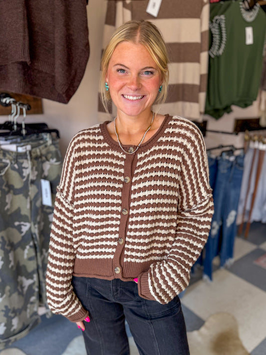 Brown Crochet Knitted Button Cardigan