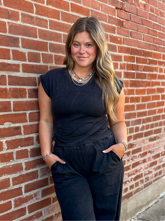 Black Mineral Washed Wrap Top