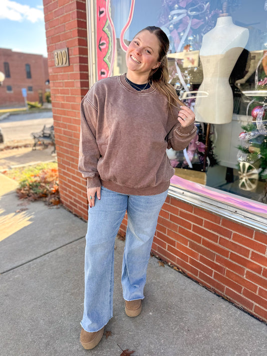 Brown Oversized Fleece Pullover with Crossed Neckline