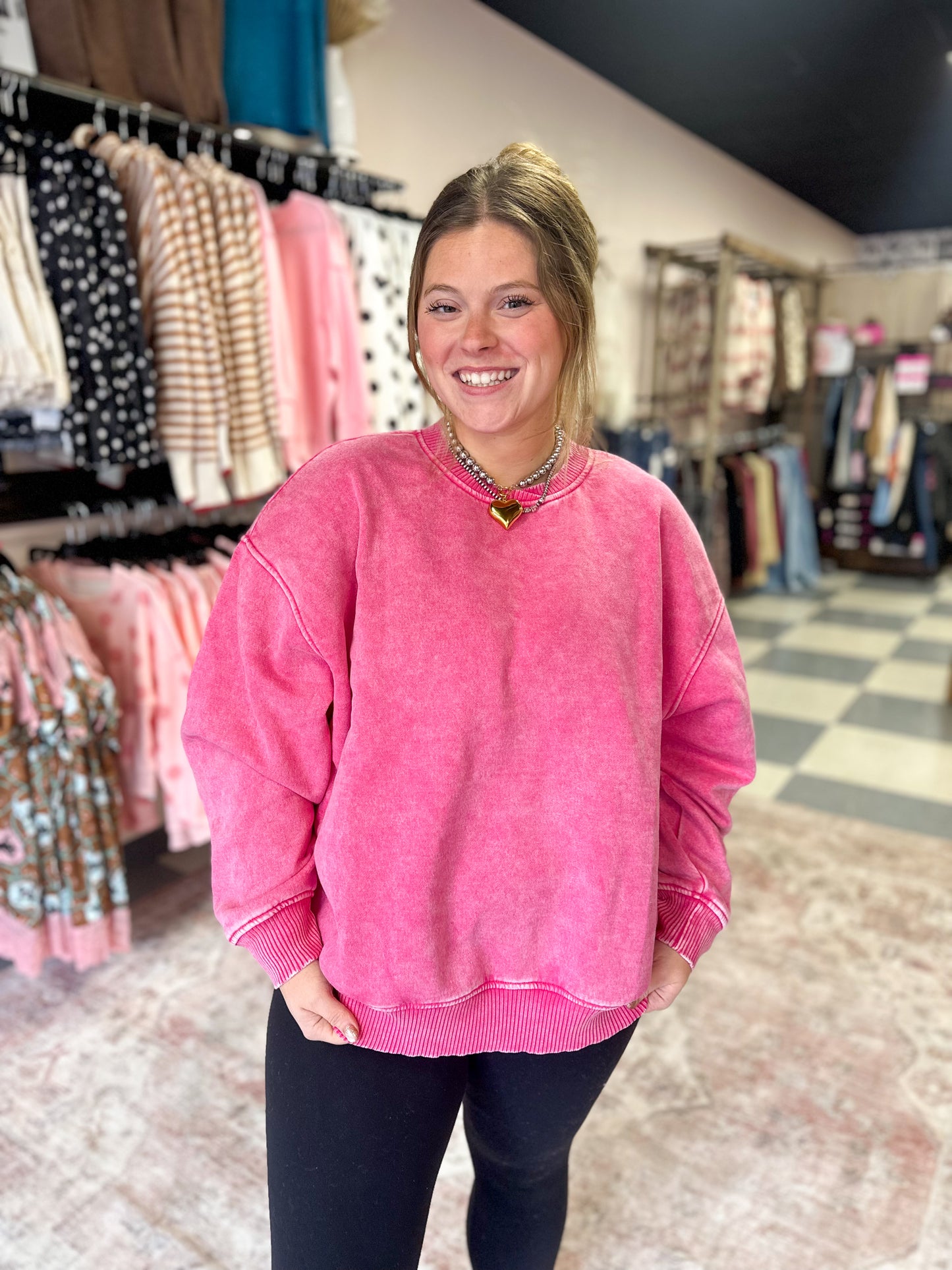 Hot Pink Oversized Fleece Pullover with Crossed Neckline