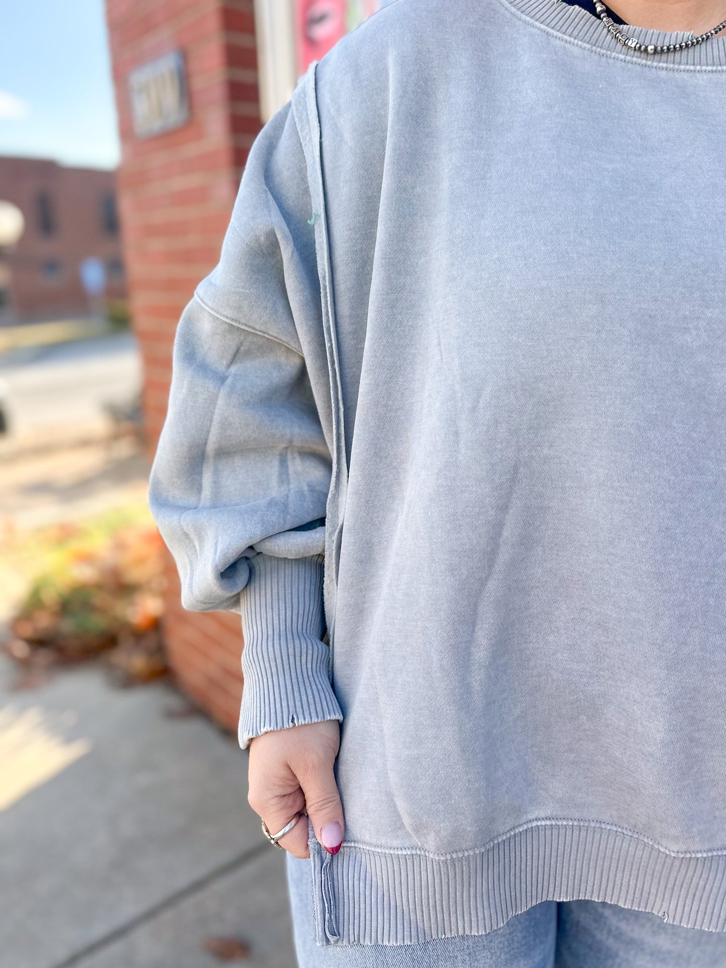 Sleet Grey Acid Wash Hi-Low Pullover