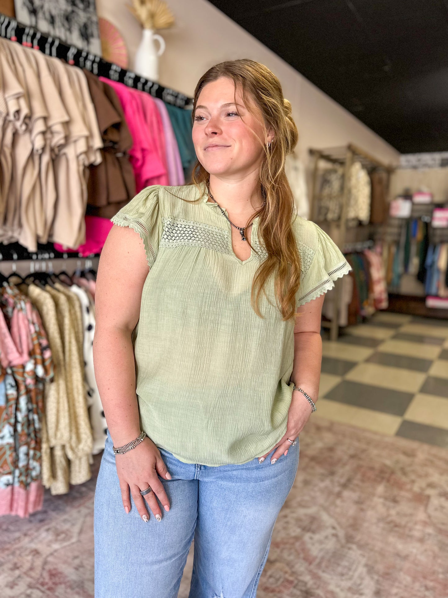 Ruffle Trim Sage Blouse