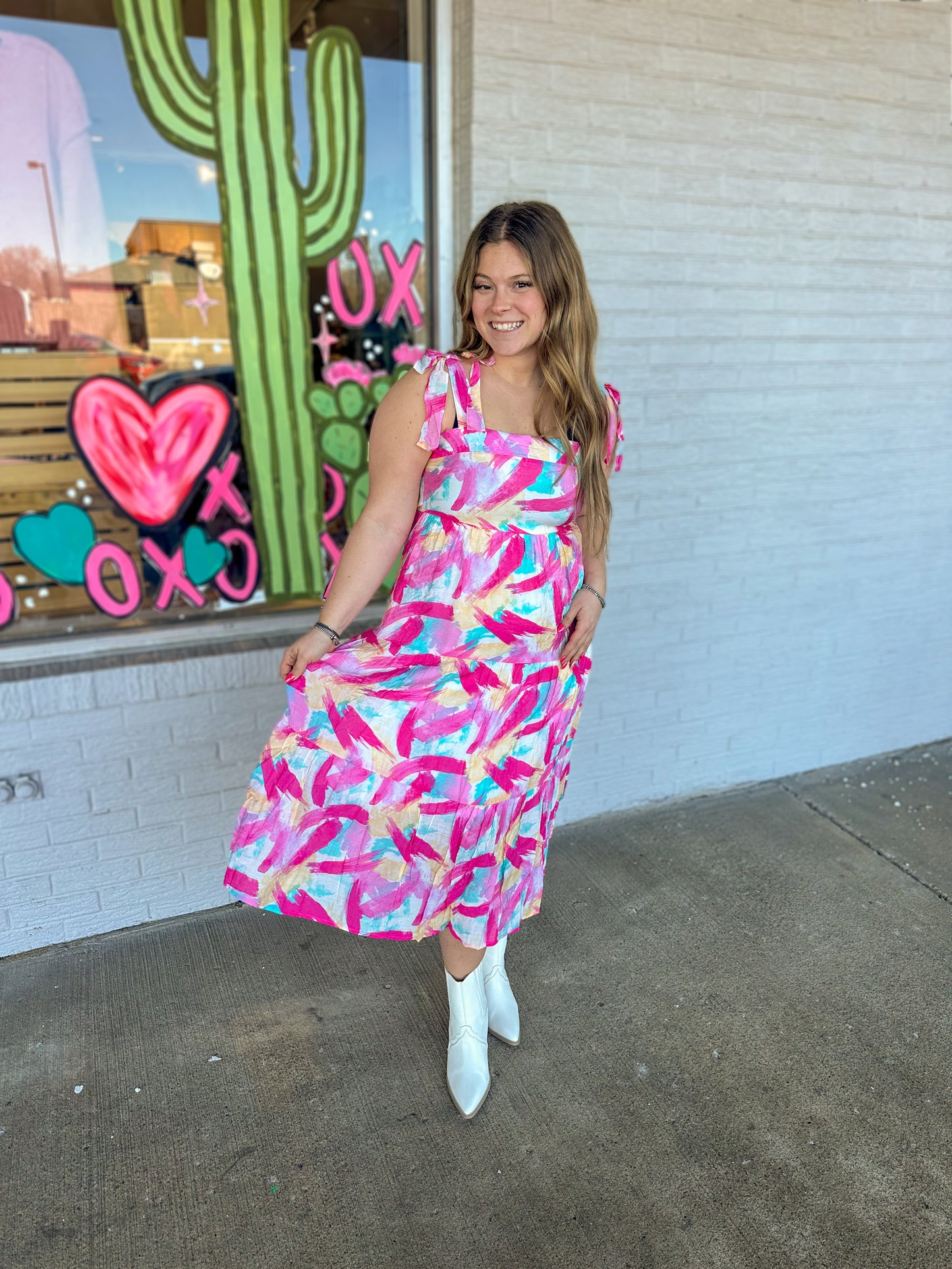 Pink Brush Stroke Print Tiered Midi Dress