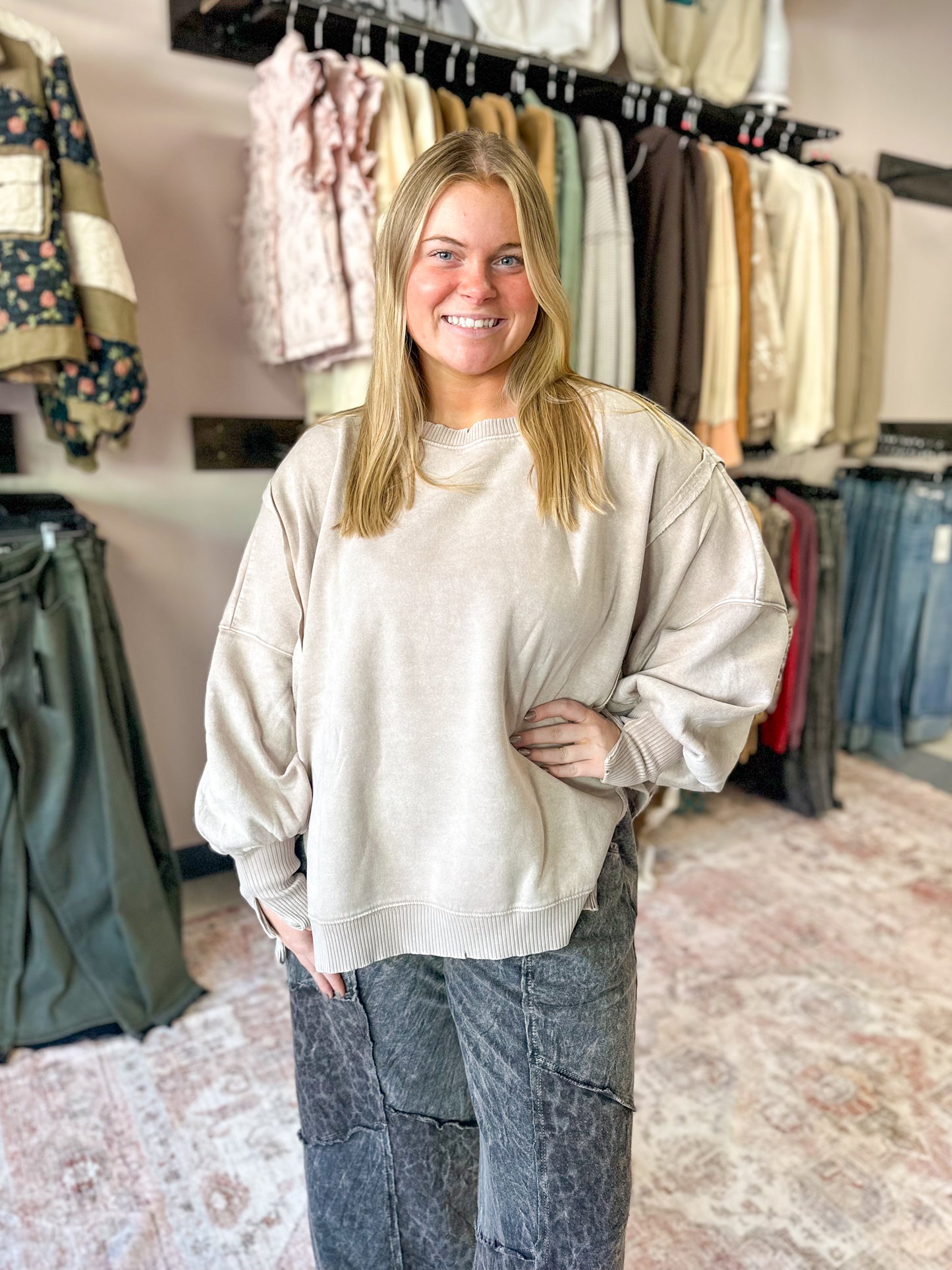 Mocha Acid Wash Hi-Low Pullover