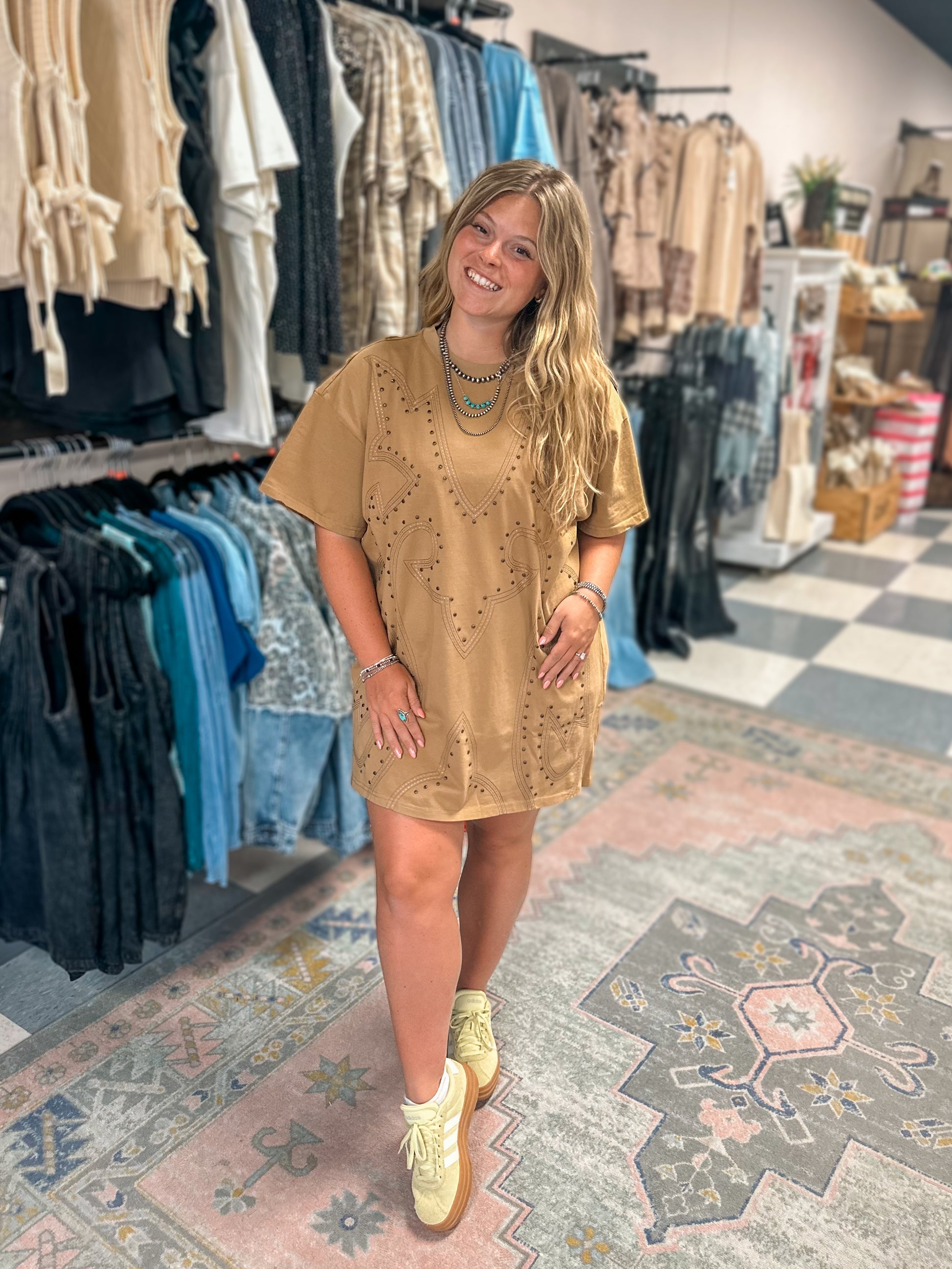 The Studded Western T-Shirt Dress Muddy Creek Clothing Boutique The Studded Western T-Shirt Dress Muddy Creek Clothing Boutique