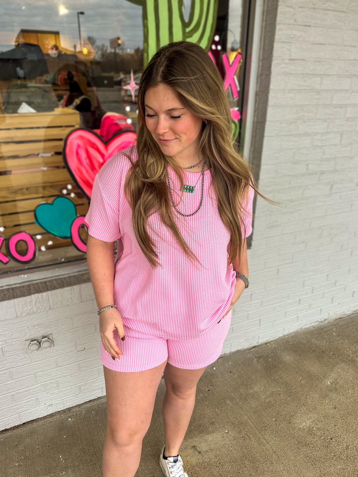 Ribbed Short Sleeve Set in Pink