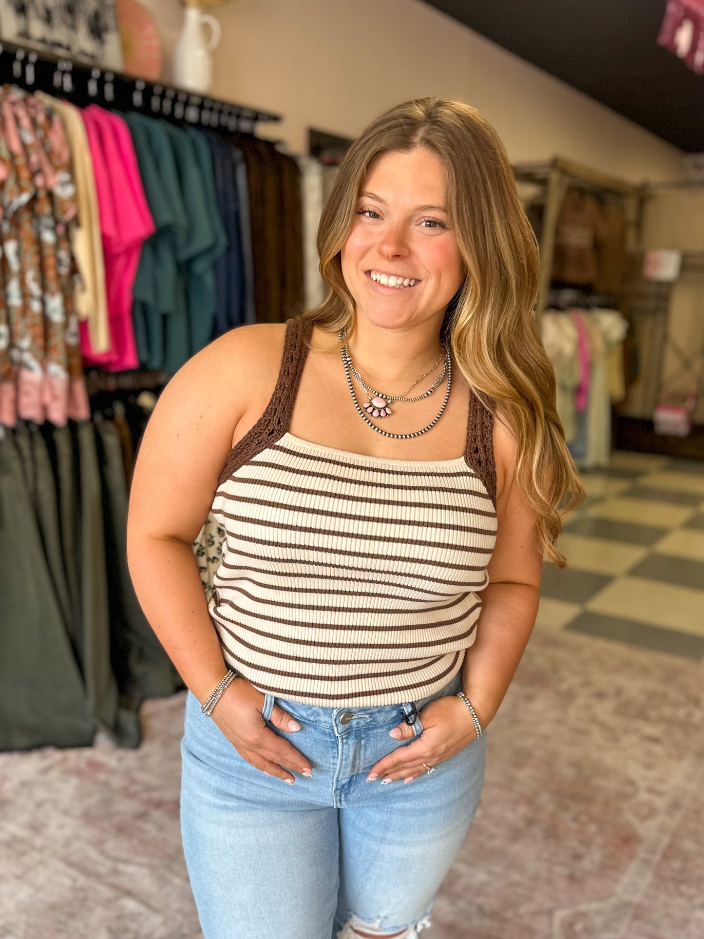 Chocolate Crochet Sleeve Striped Tank