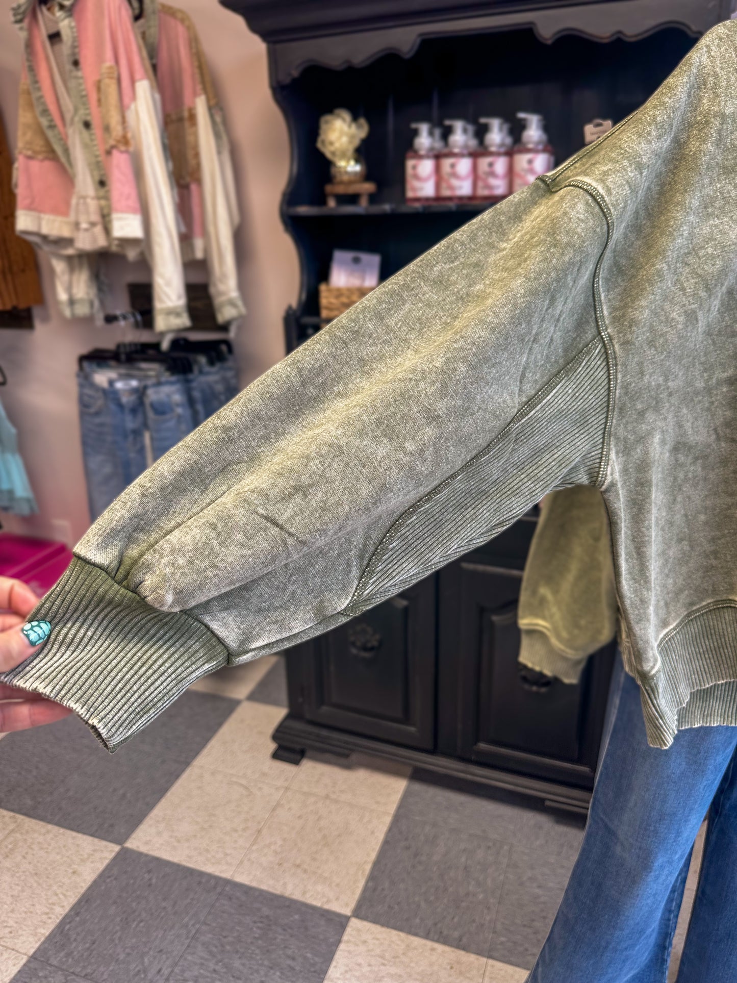 Light Olive Washed Oversize Fleece Pullover