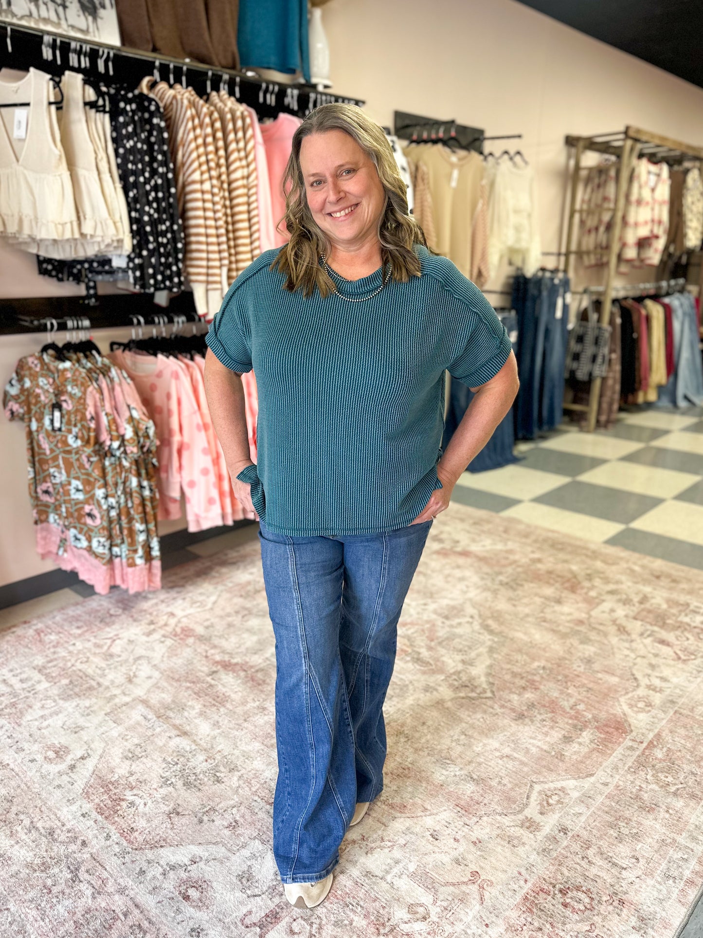 Teal Ribbed Cuff Sleeve Top