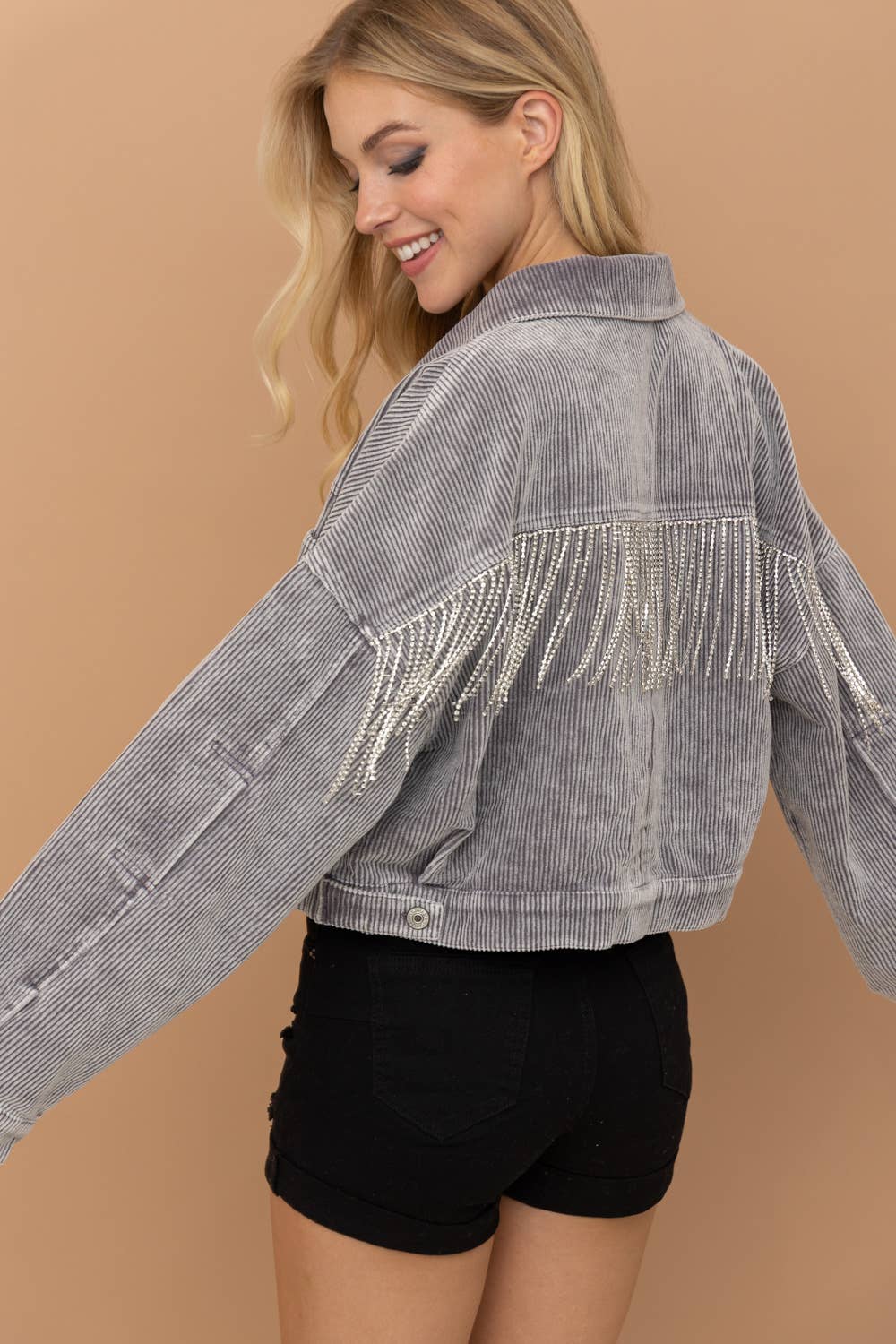 Washed Corduroy Oversized Rhinestone Fringe Jacket