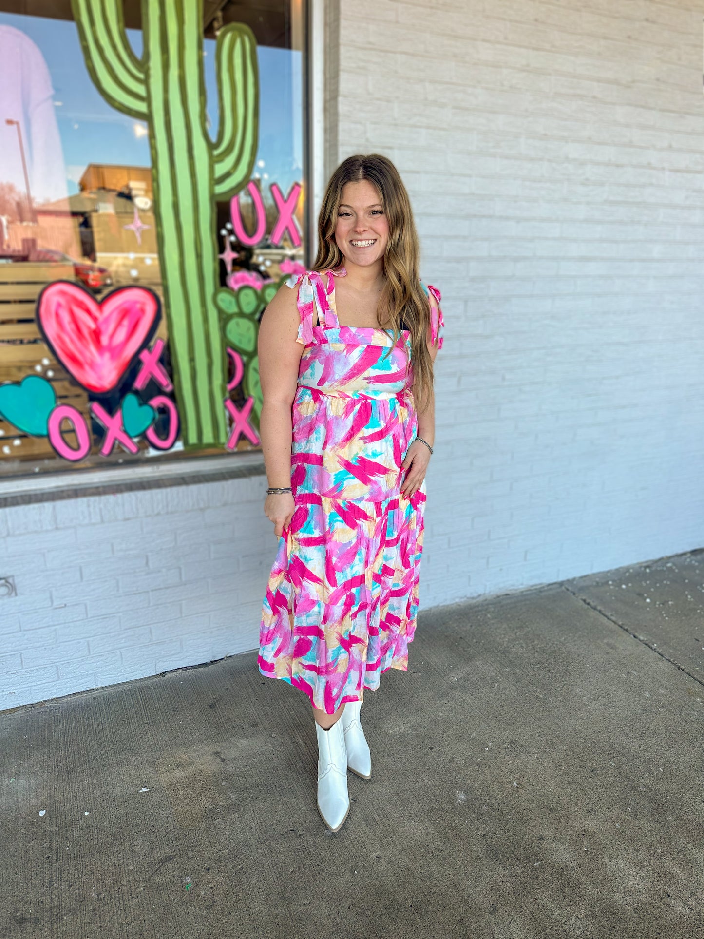 Pink Brush Stroke Print Tiered Midi Dress