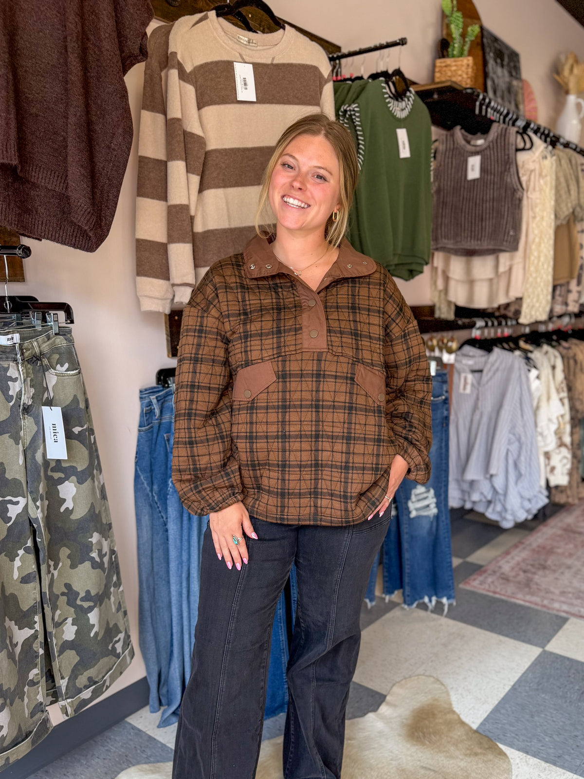 Chocolate Quilted Snap Button Pullover