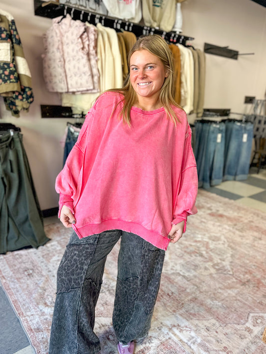 Fuchsia Acid Wash Hi-Low Pullover