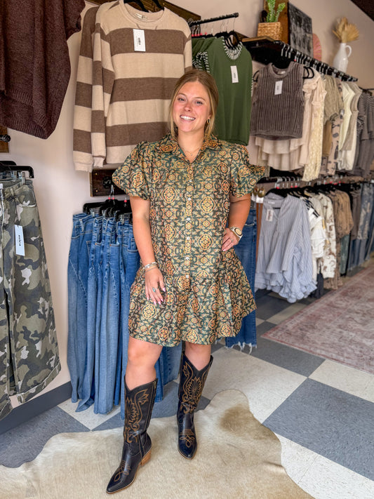 Vintage Hunter Green Puff Sleeve Dress