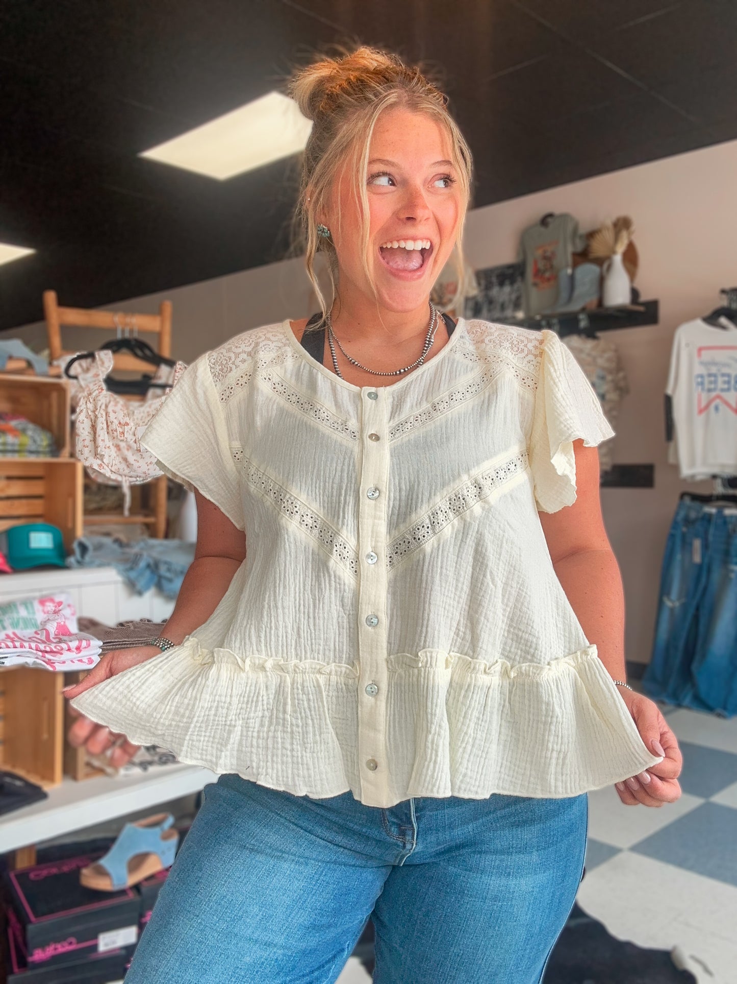 Ivory Lace Button Down Babydoll Top