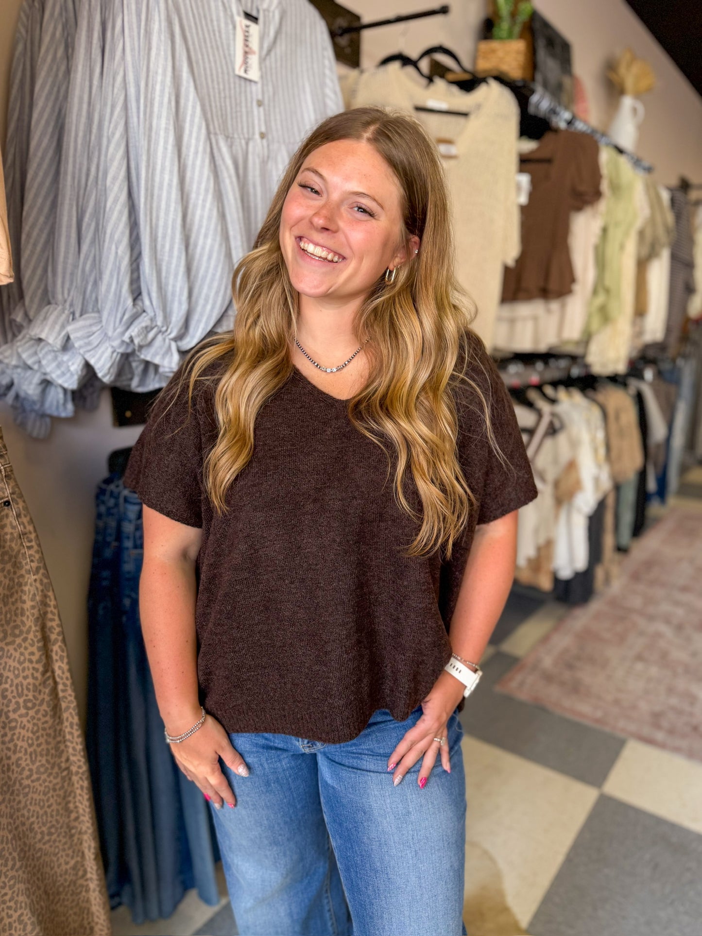 Dark Brown Short Sleeve Sweater