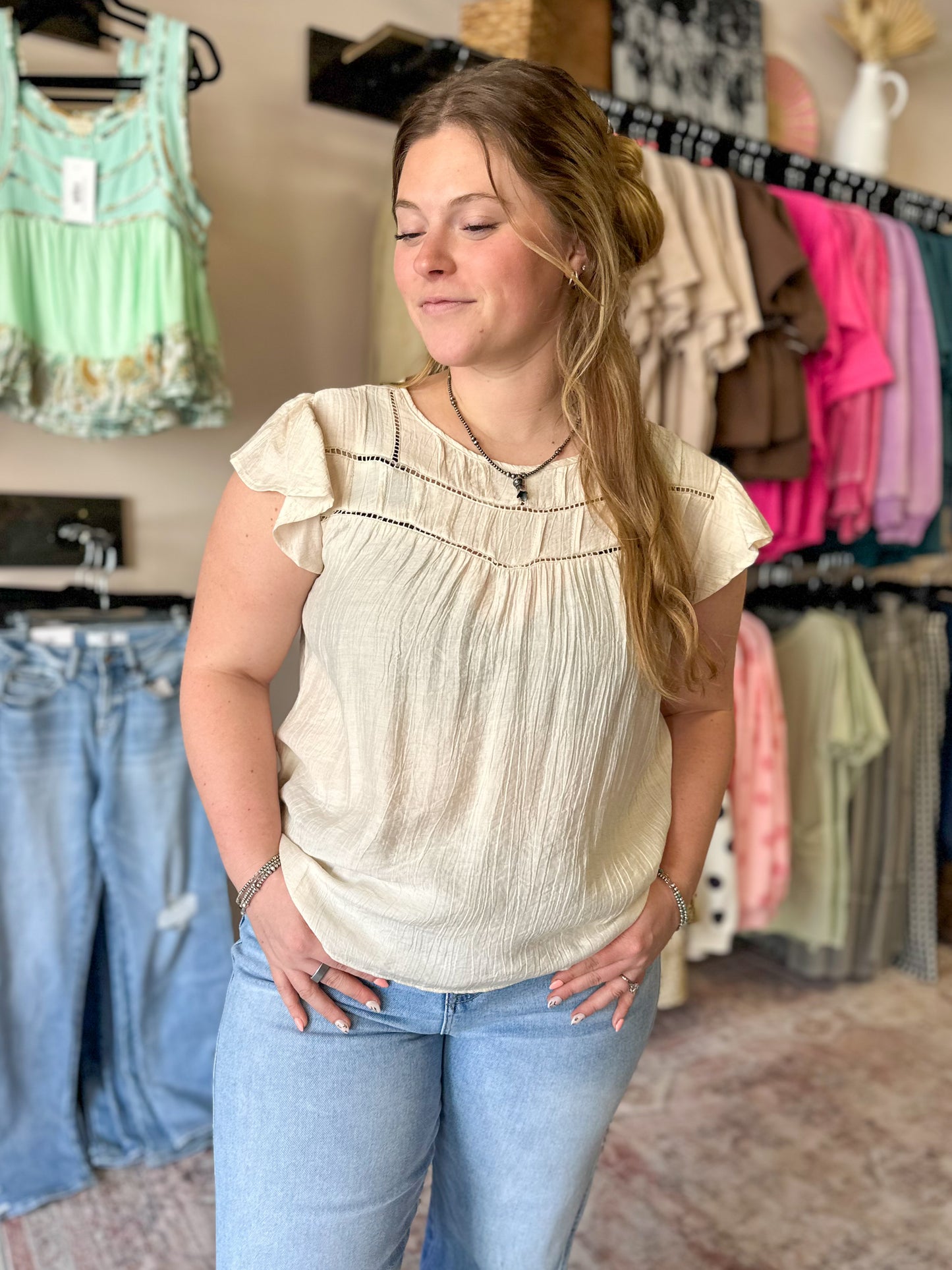 Oatmeal Flounce Sleeveless Blouse