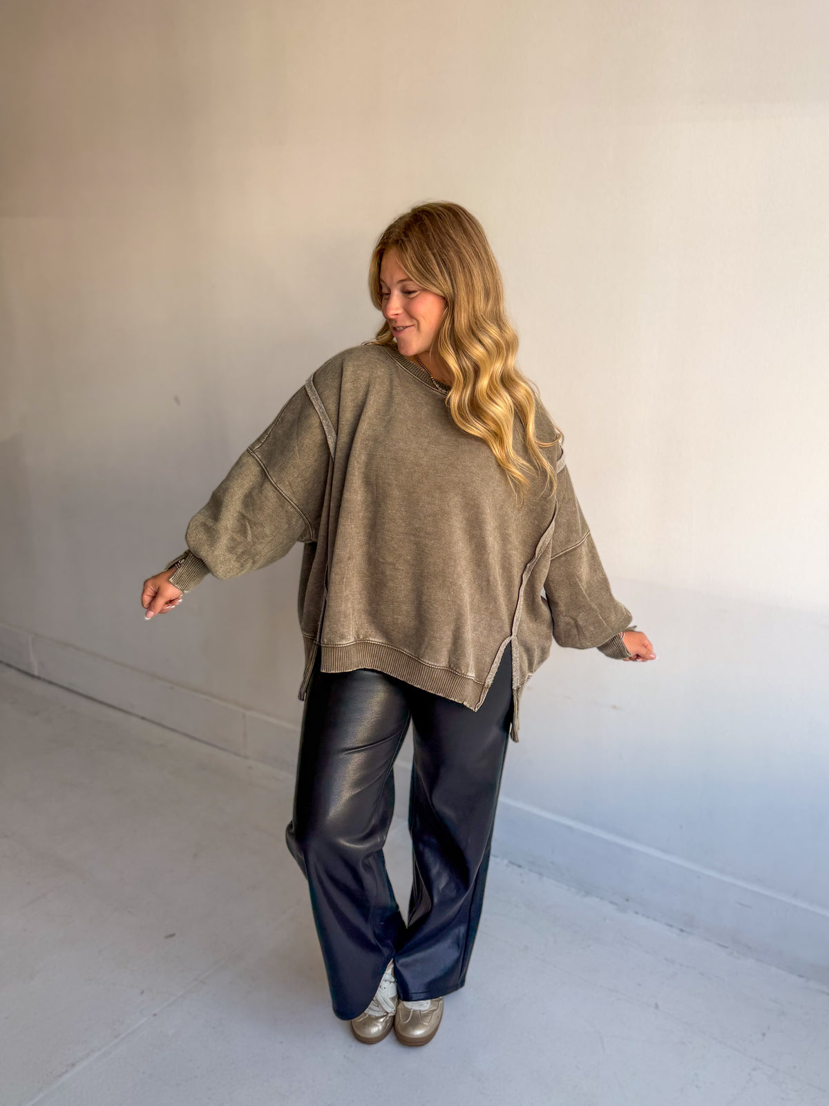 Dark Olive Acid Wash Hi-Low Pullover