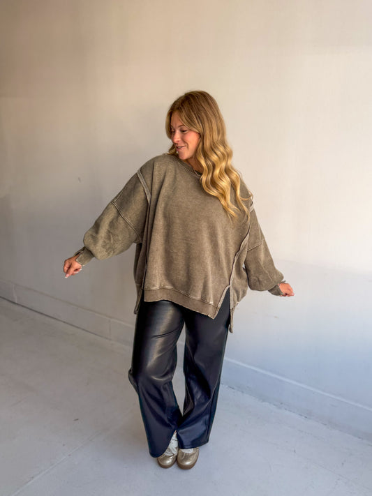 Dark Olive Acid Wash Hi-Low Pullover