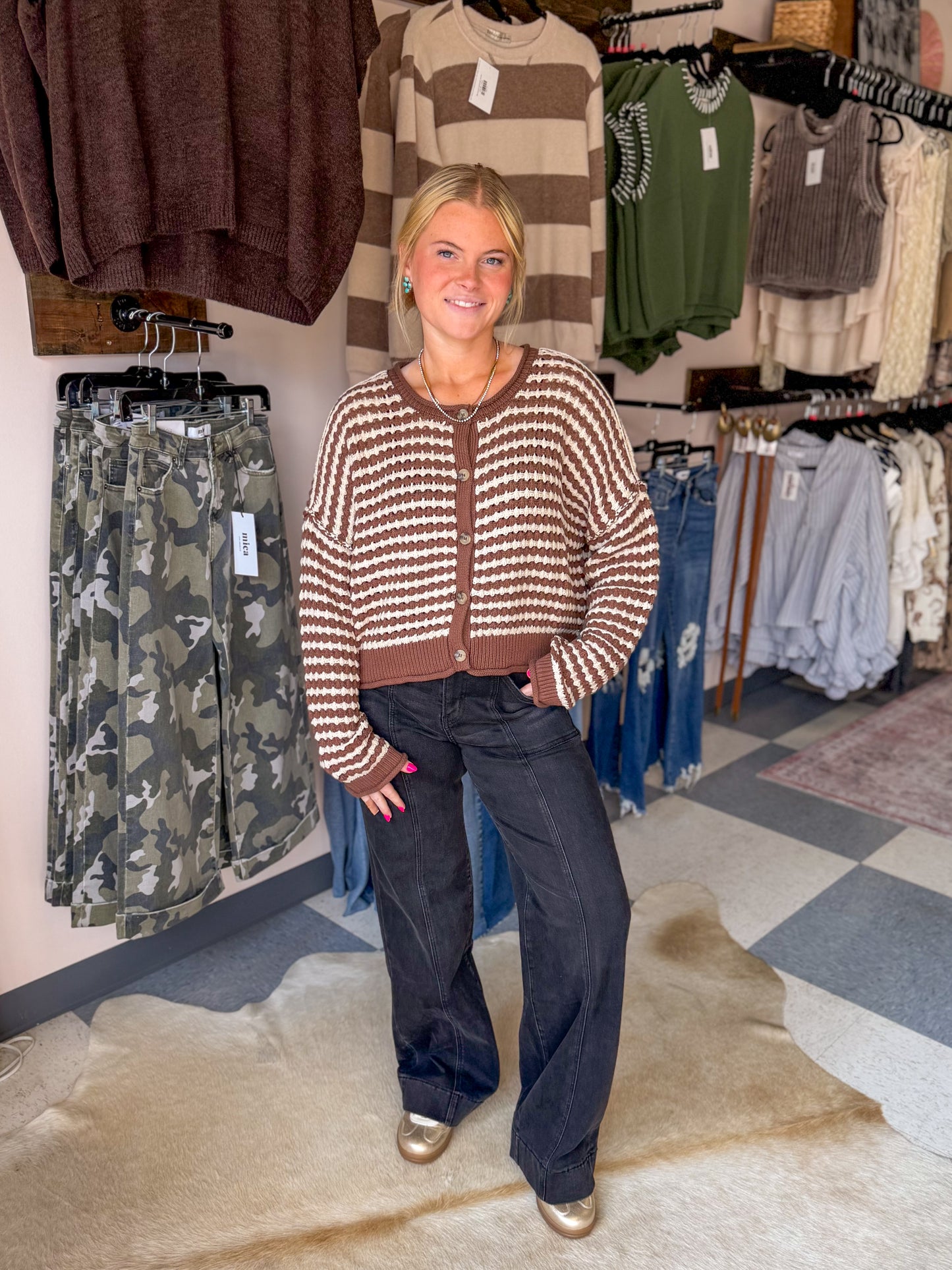 Brown Crochet Knitted Button Cardigan