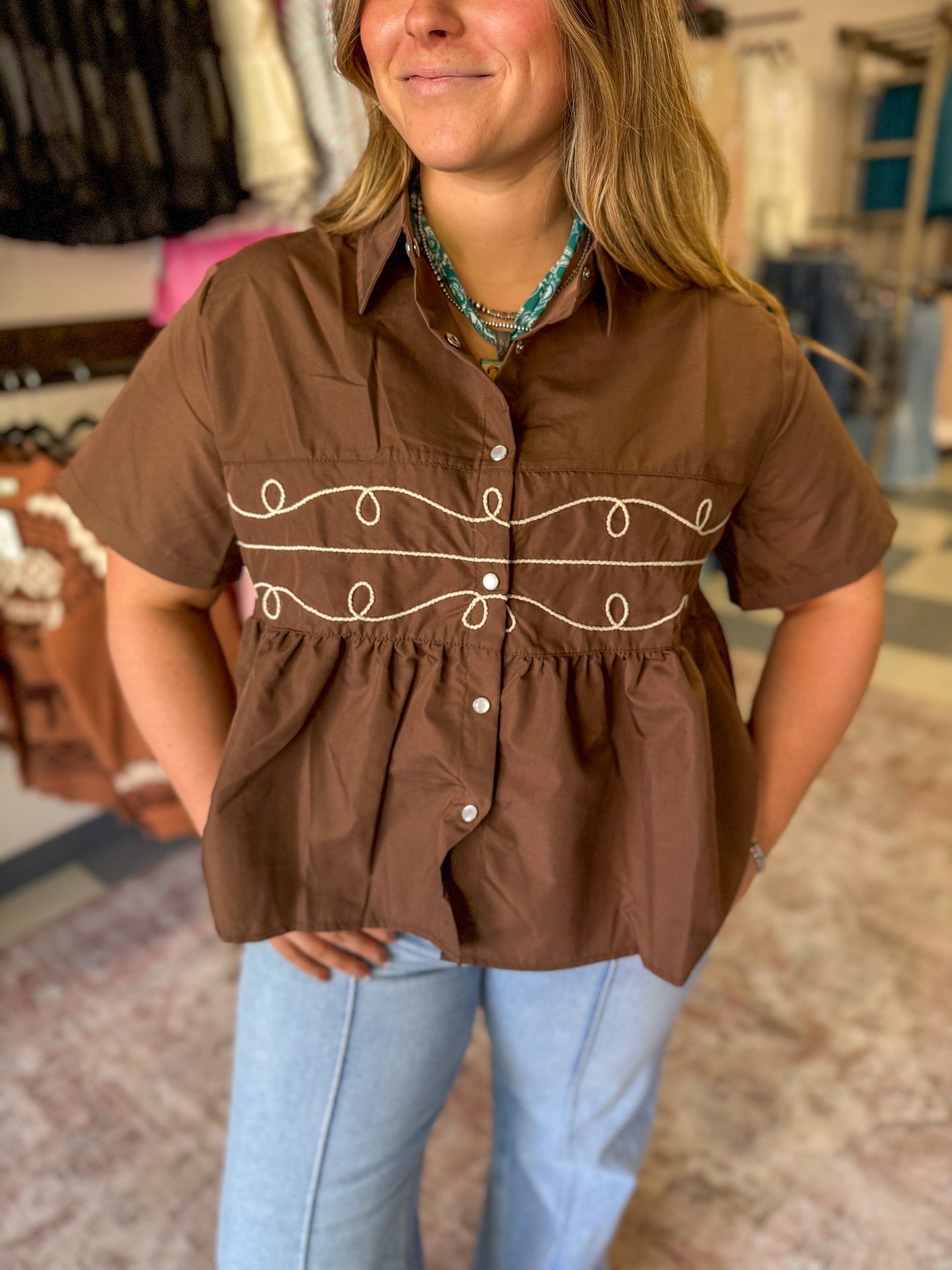 Loopty Lou Cocoa Button Down Top