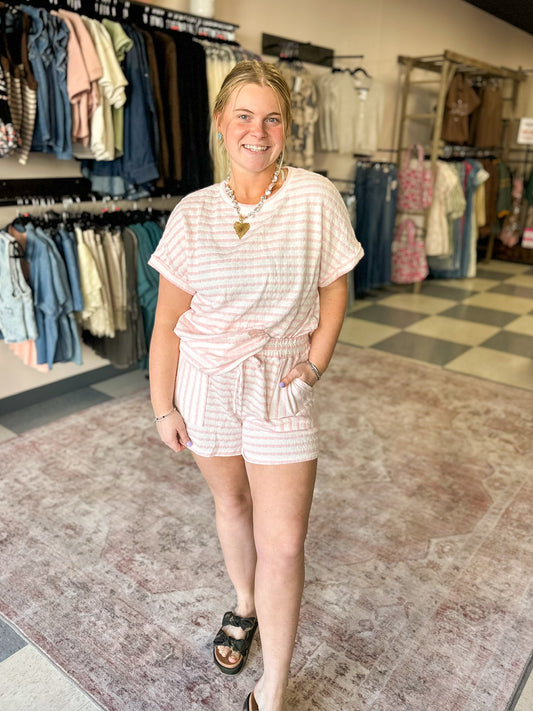 Boat Days Pink Stripe Knitted Shorts Set
