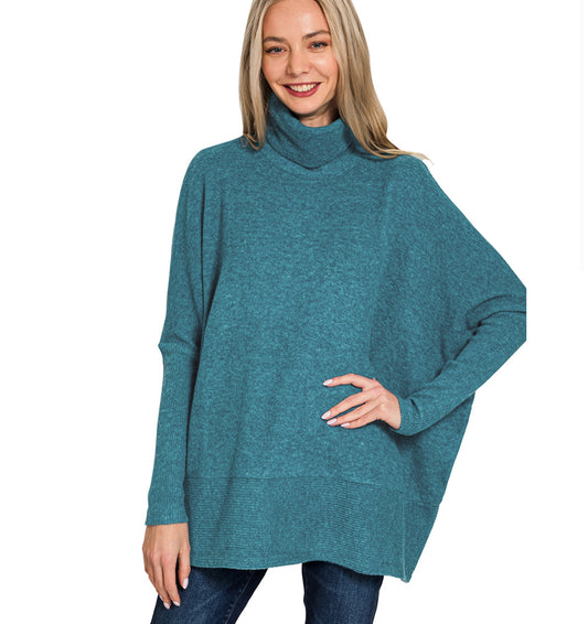 Teal Brushed Melange Turtleneck Sweater