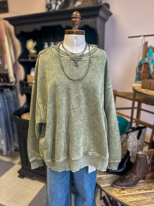 CURVY:Light Olive Washed Oversize Fleece Pullover