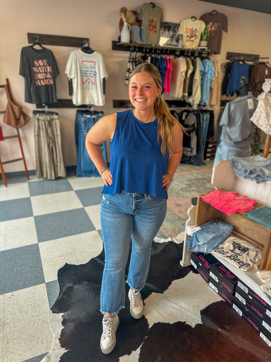 Navy Shark Bite Side Slit Sleeveless Top