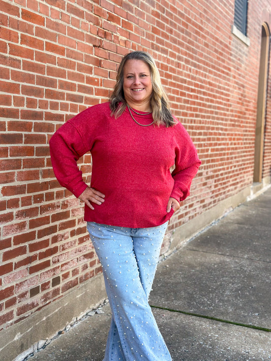 CURVY: Dark Red Hacci Ribbed Long Sleeve