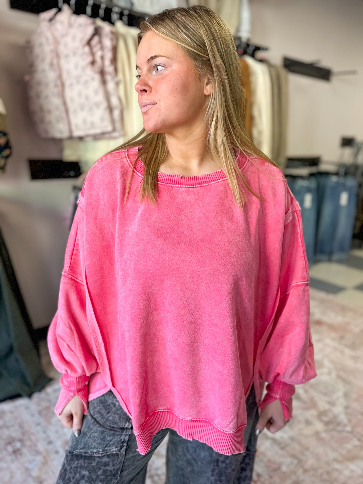 Fuchsia Acid Wash Hi-Low Pullover