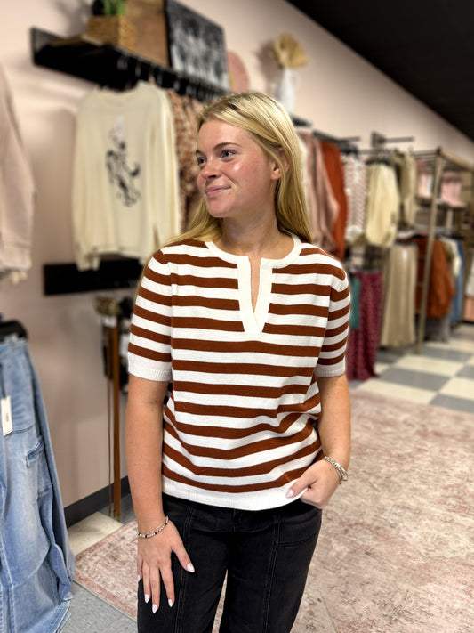 Rust Split Neck Striped Sweater