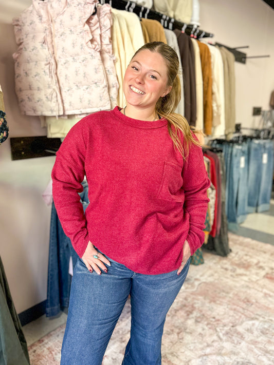 Cabernet Ribbed Melange Front Pocket Top