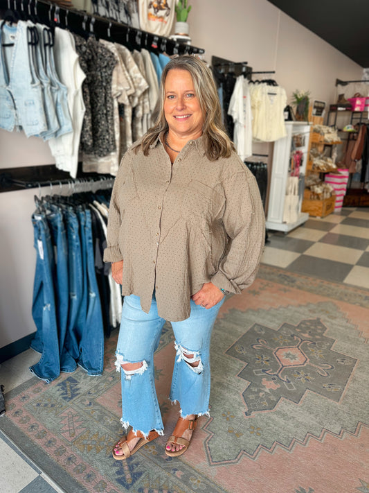 Printed Gauze Button Down Top in Olive