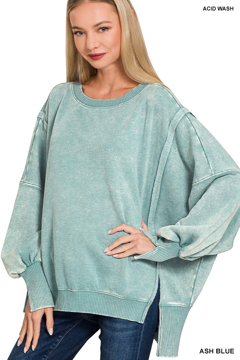 Ash Blue Acid Wash Hi-Low Pullover