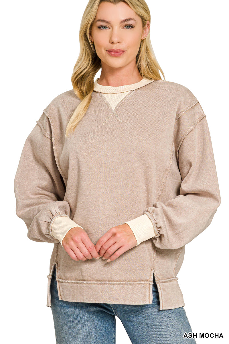 CURVY: Fleece Acid Washed Contrast Trim Sweatshirt in Ash Mocha