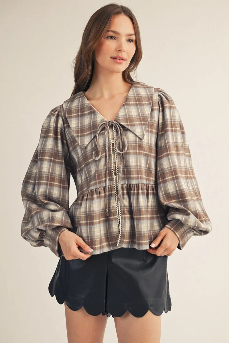 Brenlee Plaid Puff Sleeve Peplum Top